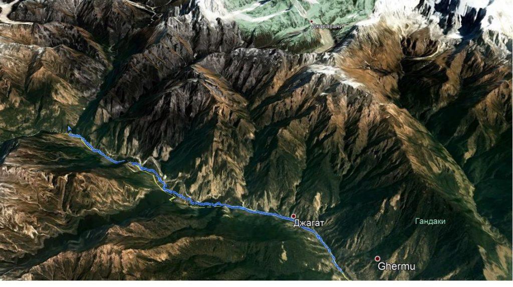 Трек Syange - Dharapani на Google Earth. 