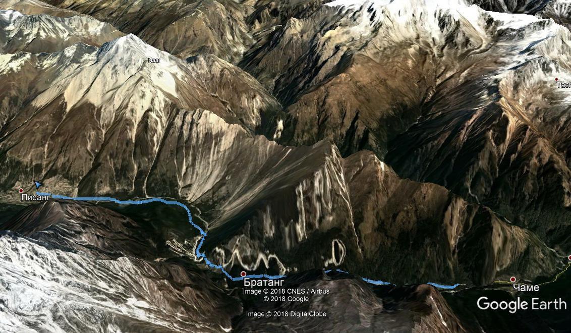 Трек Chame— Upper Pisang на Google Earth. Трек вокруг Аннапурны