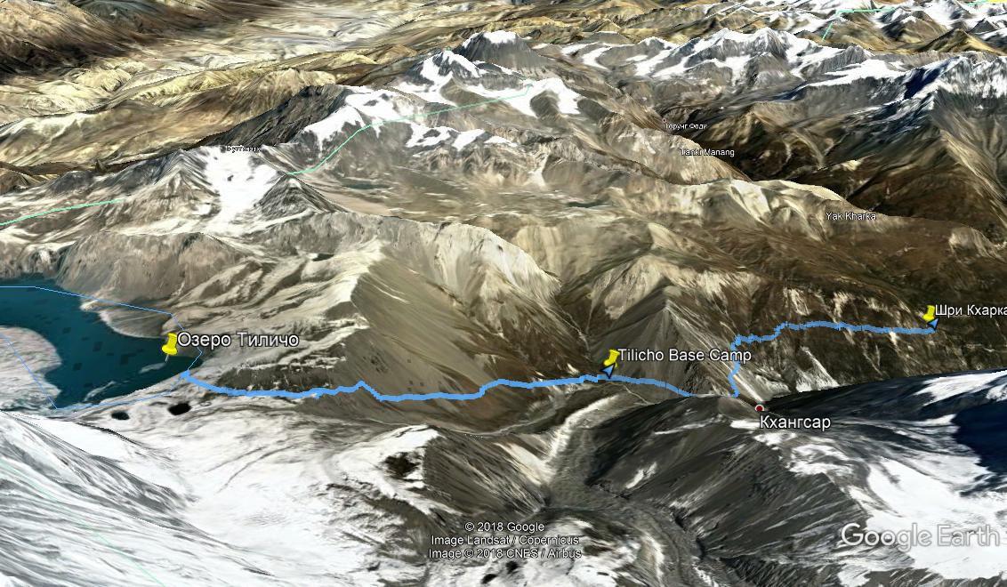 Трек перехода на озеро Тиличо на Google Earth