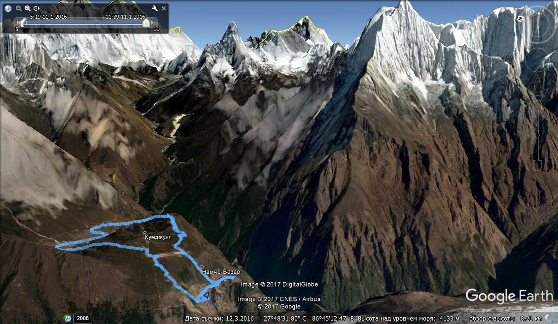 Акклиматизационный выход в Намче Базаре на Google Earth - трек к Эвересту