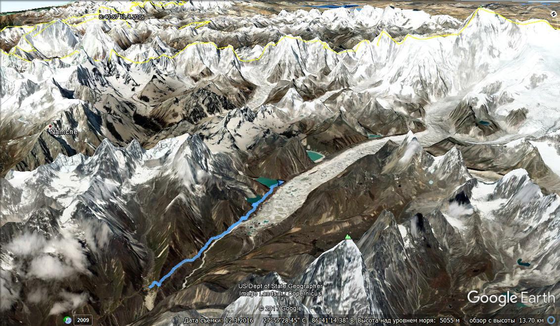 Трек Machhermo — Gokyo на Google Earth по дороге к Everest Base Camp