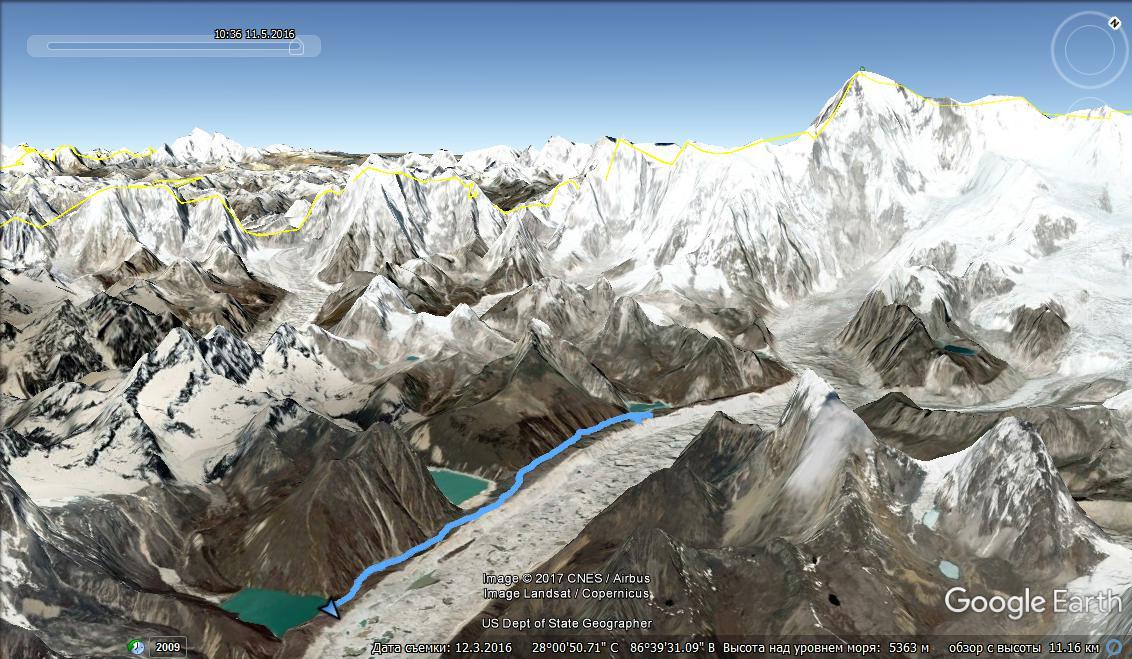 Трек к верхним озерам Гокио на Google Earth.