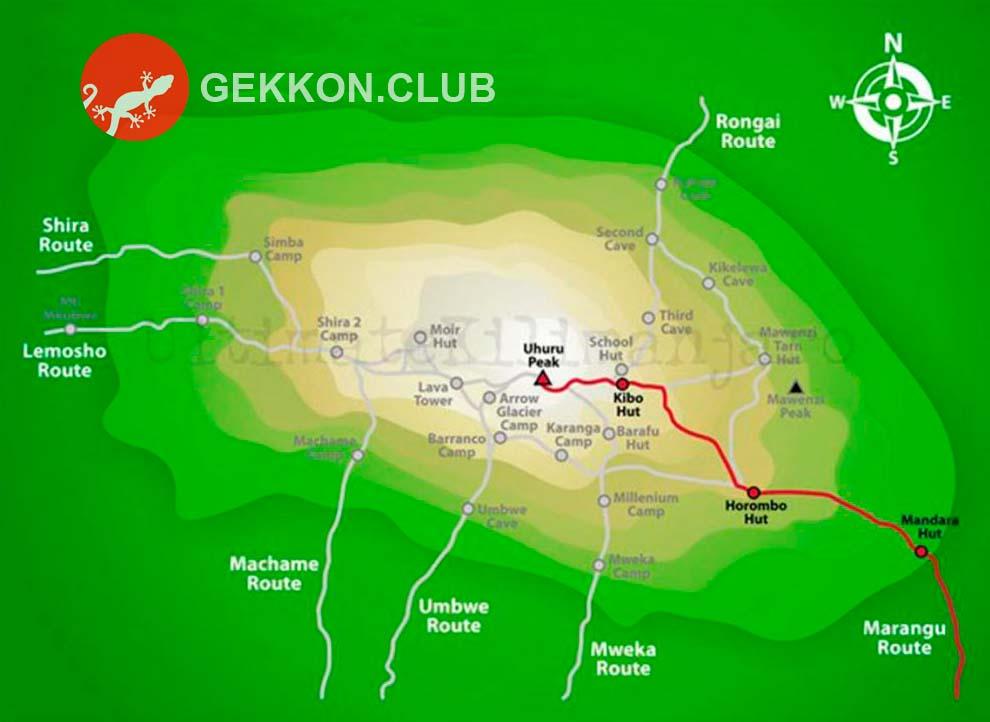 Карта - схема подъема на Килиманджаро по маршруту Марангу